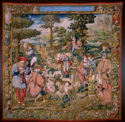 Vlámský gobelín. Seriál Založení Říma: Faustulus se setkává s Romulem a Remem. Karikaturista Barend van Orley (?). bruselská výroba. 1525-1530.