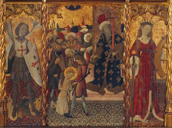 Svatý Michael a svatá Kateřina, rámování mučednické smrti svaté Eulálie z Barcelony (289-304) - Malba Bernata Martorella (1390-1452), tempera na dřevě (143,5x188 cm), cca 1442-1445 - Svatý Michael, Umučení sv. Eulalie a Svatá Kateřina, Tem