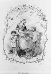 Nanan: mladá matka dává jídlo svým třem dětem ve filmu „La Physiologie du Gout“ od Brillata - Savarin ilustrovaného Bertalem. Paříž 1840. Jean Anthelme Brillat Savarin (Brillat-Savarin) (1755-1826) francouzský gastronom.