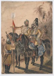 Dva jízdní důstojníci a sesedající sowar, 4. bengálská nepravidelná kavalérie, kolem roku 1850 (akvarel)