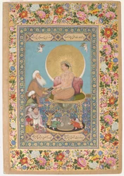 Jahangir Preferring Sufi Shaikh před Kings z Petrohradského alba (neprůhledný akvarel, inkoust a zlato na papíře)