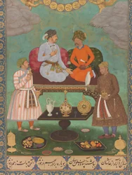 Džahángír baví šáha Abbáse z Petrohradského alba (detail), cca 1620 (akvarel, zlato, tuš na papíře)