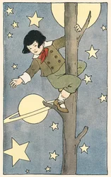 Chlapec leze na strom mezi hvězdami a planetami