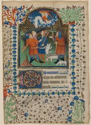 List z knihy hodin: Zvěstování pastýřům recto a text verso, c. 1410-20.