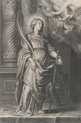 Svatá Kateřina drží palmové listy a meč, nad hlavou dva putti držící laure..., ca. 1625-59.
