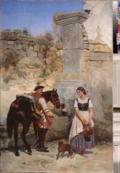 Scéna u studny - obraz Gottfrieda (Bogdan Pavlovich) Willewalde (1818-1903), olej na plátně