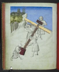 Add 24189, f.11v, Montáž Kristova kříže, ze čtyř různých druhů dřeva, vyobrazených v různých barvách, z „Picture Book of Sir John Mandeville
