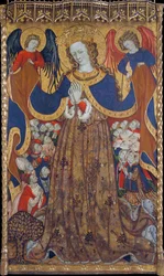 La Vierge de Misericorde - Peinture de Bonanat Zaortiga (aktif 15eme siecle), tempera na dřevě (223x126,8 cm), kolem 1430 - Panna milosrdenství, Tempera na panelu od Bonanata Zaortiga, ca 1430 - Museu Nacional d