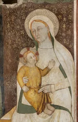Severní transept, oltář sv. Michaela Archanděla, za oltářním obrazem fresky od Bonifacia Bemba, panna s dítětem
