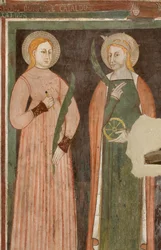 Severní transept, oltář sv. Michaela Archanděla, za oltářním obrazem fresky Bonifacia Bemba, sv. Akviliny a svaté Kateřiny Alexandrijské