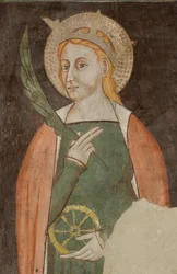 Severní transept, oltář sv. Michaela Archanděla, za oltářním obrazem fresky Bonifacia Bemba, svaté Kateřiny Alexandrijské