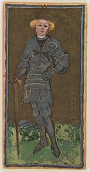 Páže mečů, faksimile tarotové karty z balíčku „Visconti“, 1441-47