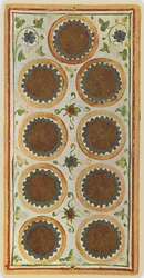 Devítka mincí, faksimile tarotové karty z balíčku Visconti, 1441-47