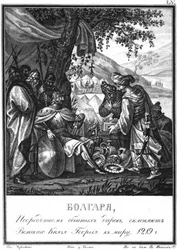 Volžští Bulhaři se snaží přesvědčit Jiřího II. k míru. 1219 z Illustrated Karamzin, 1836