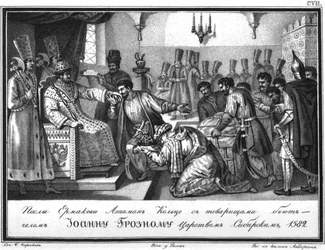 Velvyslanectví Yermaků u cara Ivana Hrozného z Illustrated Karamzin, 1836