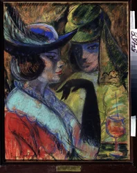 Kavárna v Paříži (Cafe in Paris). Dvě elegantní ženy sedí kolem drinku u stolu v pařížském bistru. Dílo Borise Dmitrijeviče Grigorjeva (1886-1939), pastel na kartonu