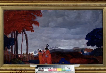 ""Bolest mladé dívky"" Dvě ženy oblečené v červeném obklopují třetí, oslabenou žalem. Obraz Borise Grigorjeva (1886-1939) 1912 Regionální muzeum umění W. Wereshchagina, Mykolajiv