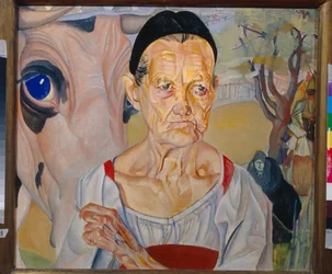 Tváře Ruska: Portrét staré dojičky (mlékárna (z cyklu "Tváře Ruska"), obraz Borise Dmitrieviče Grigorjeva (1886-1939)