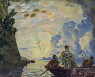 Kozácký vůdce Stěpan (Stěnka) Timofejevič Razin (1630-1671) na člunu. Vedl povstání proti šlechtě a carské byrokracii na jihu Ruska (Stěpan Razin). (1878-1927)