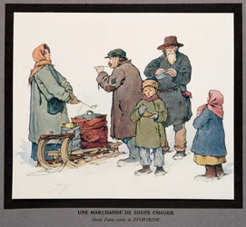 Prodejce horké polévky, z Histoire des Soviets, hospoda. 1922 (barevné lito)