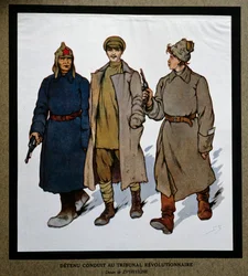 Rusko po revoluci v roce 1917: „Detenu předložený revolučnímu tribunálu“. Kresba Boris Zvorykin (1872-1935). Ústav sociálních dějin, Montreuil