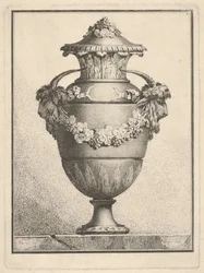 Design pro krytou vázu se dvěma kozími hlavami a girlandou, 1764.