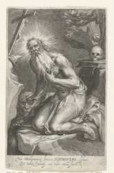 Svatý Jeroným z Betléma jako poustevník Dùm Bethlemiticis latitas (...) tibi tuta facis (titul na předmětu) Hermits (název série) Ad sacrum speculum (...) patribus that ales (název série)