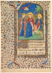List z knihy hodin: sv. Geneviève, Kateřina Alexandrijská a Margaret recto..., c. 1415