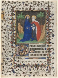 Listy z knihy hodin: Navštívení a Kristus v soudu, c. 1415.