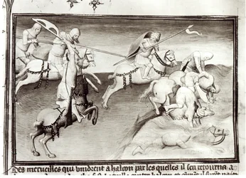 Rukopis Fr. 2810: Mongolský vůdce Hülegü, chán Ílchanátu, pronásleduje roku 1262 svého bratrance Berkeho, chána Kipčaků neboli Zlaté hordy, a zahání ho do řeky, z „Knihy divů světa“, kolem 1410