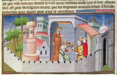 Ms Fr 2810 f.17, Hassan i Sabbah vede zasvěcení v Alamutu a dává svým stoupencům omámené víno, z „Livres des Merveilles du Monde“, kolem roku 1410-12