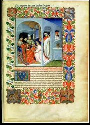 Paní Fr 2810 f.226, bratr Hayton představuje svou knihu Jean Sans Peur z „Livre des Merveilles du Monde“, kolem 1410-12 (tempera na 1vellum)