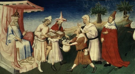 Paní Fr 2810 f.45, Jak Velký chán používal kůru stromů jako platidlo, z „Livre des Merveilles du Monde“, kolem 1410-12 (tempera na pergamenu)