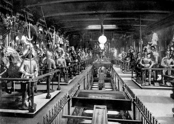 Koňská zbrojnice Jindřicha VIII., stětí sekera a blok, Tower of London, 1890