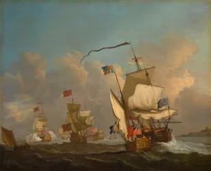 Královská jachta s flotilou na cestě ve větru, asi 1720 (olej na plátně)