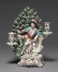 Svícen s ovčákem a psem, výrobce Porcelain Factory Derby (období Chelsea-Derby), kolem 1775 (porcelán z jemné pasty)