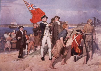 Kapitán James Cook přistává v Austrálii (barevné lito)