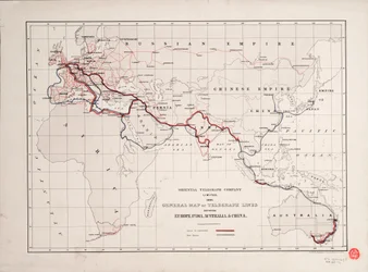 Obecná mapa telegrafních linek mezi Evropou, Indií, Austrálií a Čínou