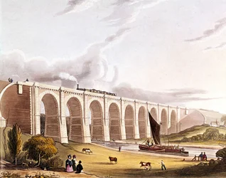 Průmyslová revoluce: pohled na železniční viadukt přes údolí Sankey. Deska převzata z "" Liverpool & Manchester Railway ", Londýn 1832.