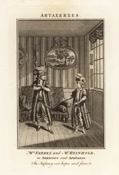 Paní Margaret Farrel a pan Charles Frederick Reinhold v perském kostýmu jako Artaxerxes a Artabanes v opeře Thomase Arna Artaxerxes