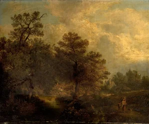 Woodland Scene with Stream and Cottages (olej na plátně)