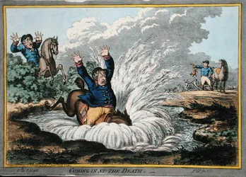 Coming in at the Death, leptané Jamesem Gillrayem (1757-1815) vydané Hannah Humphrey v roce 1800 (ručně kolorovaný lept)