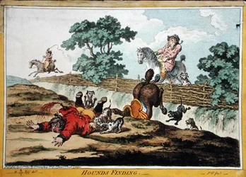 Hounds Finding, leptané Jamesem Gillrayem (1756-1815) vydané Hannah Humphrey v roce 1800 (ručně kolorovaný lept) (viz také 191237)