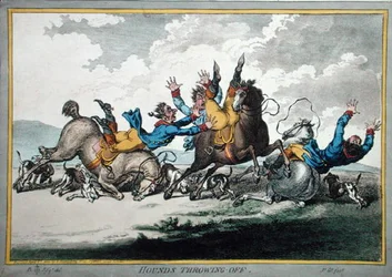 Hounds Throwing Off, leptané Jamesem Gillrayem (1756-1815) vydané Hannah Humphrey v roce 1800 (ručně kolorovaný lept) (viz také 191238)