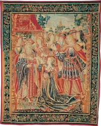 Příběh Tróje. Cassandra se přimlouvá u Priama, aby získal milost pro Paris, c. 1520