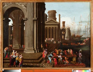 Nalodění svaté Uršuly, bretonské křesťanské princezny na pouť se svatým Cyriakem Římským Obraz Agostino Buonamici dit Tassi (1566-1644) Genes Musei di Strada Nuova (ex Palazzo Rosso)