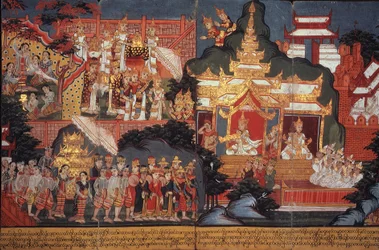 Nebo 14297 fol. 6-7 Zrození budoucího Buddhy, kolem 1800-20 (kvaš na papíře)