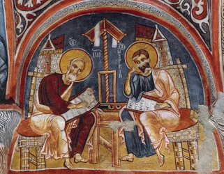 Evangelisté Lukáš a Matouš píšící evangelia, Karanlik Kilise (Temný kostel) (12.-13. století), Goreme (Seznam světového dědictví UNESCO