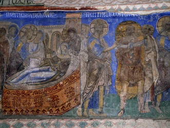 Uzdravení tchyně a ochrnutého muže Simona Petera, byzantská freska (12. století), Tokali Kilise (kostel spony) (12.–13. století), Goreme (seznam světového dědictví UNESCO