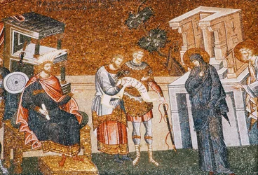 Marie a Josef před Cyremiem, kteří se přihlásili k dani, se stráží, písařem a důstojníkem, c. 14. století (mozaika) (detail z roku 119636)